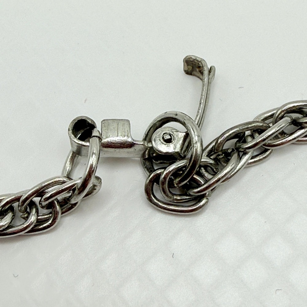 Vintage 23" Silver Tone Chain Frog Amphibian Pendant Necklace w/ Rhinestone Eyes - Picture 8 of 8